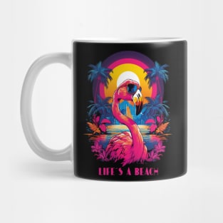 Life's A Beach | Unisex T-shirt | Retro Flamingo With Sunglasses | Bright Colors For Holidays, Beach, Summer Sun Mug